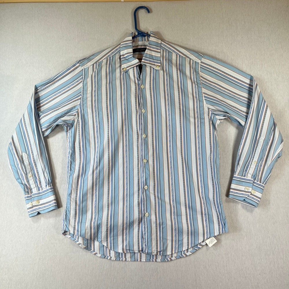 Equilibrio Italia Shirt Mens M Blue White Striped Cotton Button Down Shirt ITALY